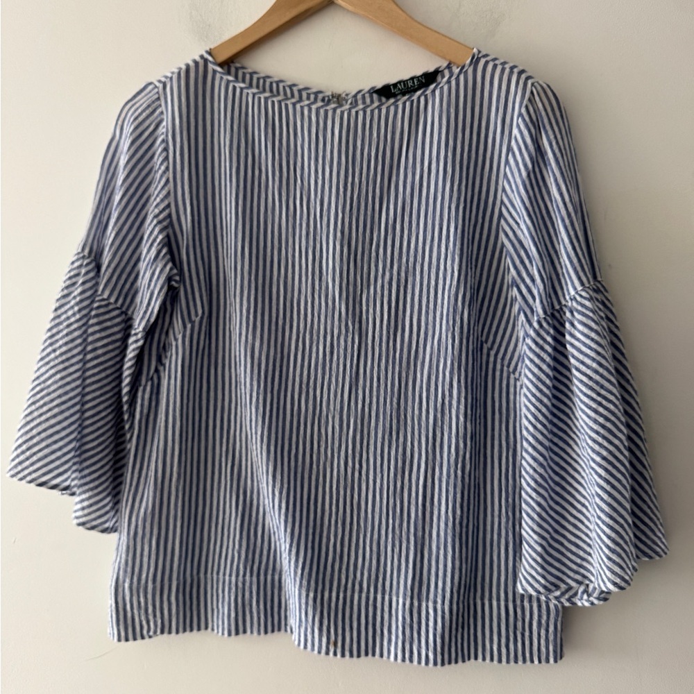 Lauren Ralph Lauren Blue and White Stripe Wide Bell Sleeve Blouse Top